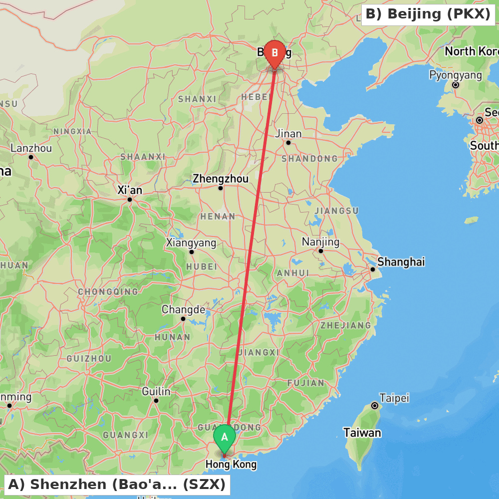 Flight route map from Shenzhen (Bao'an) to Beijing