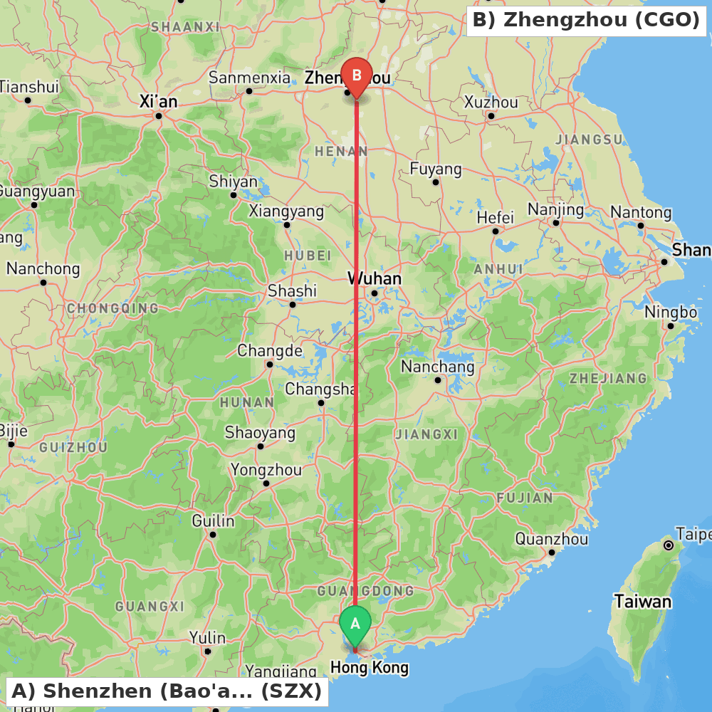 Flight route map from Shenzhen (Bao'an) to Zhengzhou