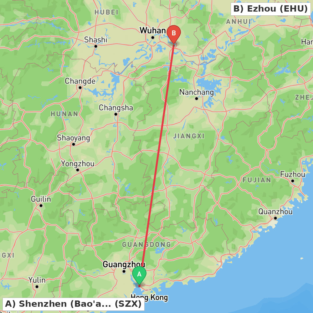 Flight route map from Shenzhen (Bao'an) to Ezhou