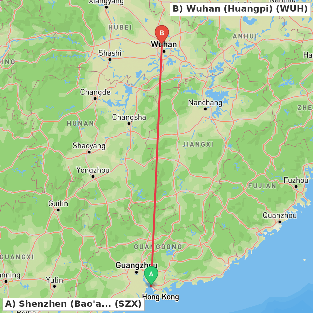 Flight route map from Shenzhen (Bao'an) to Wuhan (Huangpi)