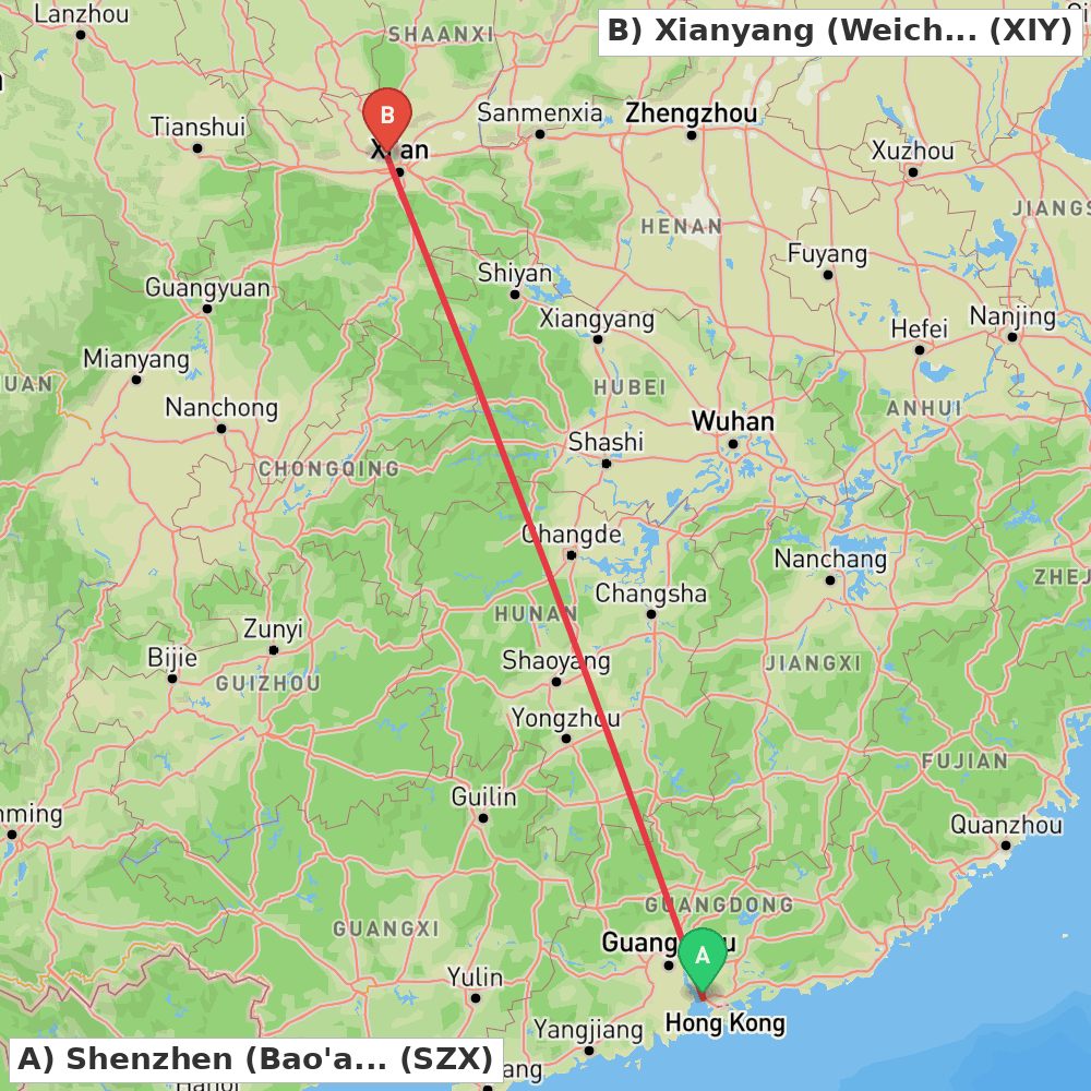 Flight route map from Shenzhen (Bao'an) to Xianyang (Weicheng)