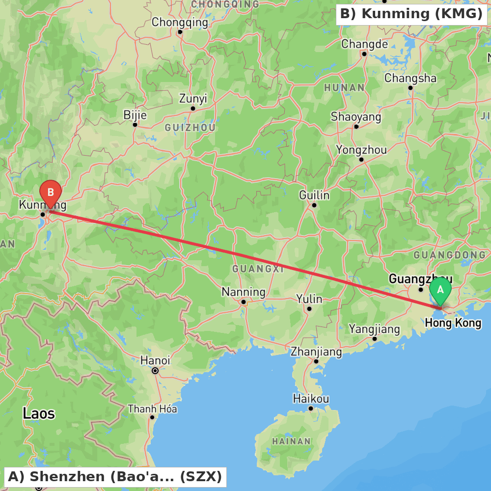 Flight route map from Shenzhen (Bao'an) to Kunming