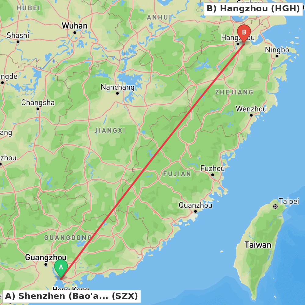 Flight route map from Shenzhen (Bao'an) to Hangzhou
