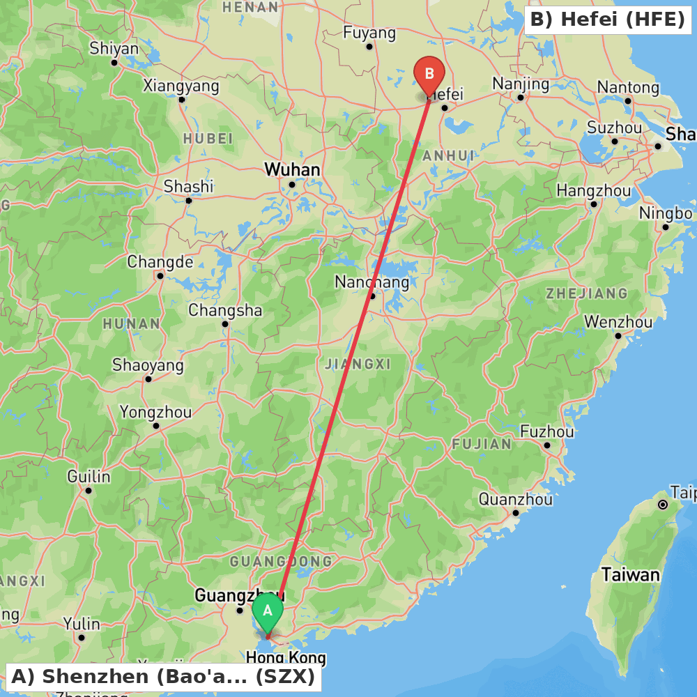 Flight route map from Shenzhen (Bao'an) to Hefei
