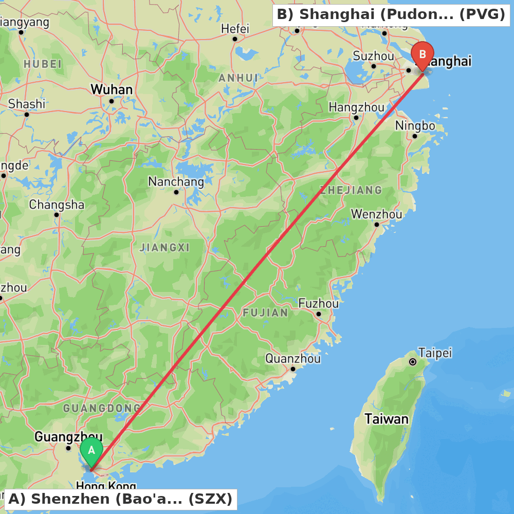 Flight route map from Shenzhen (Bao'an) to Shanghai (Pudong)