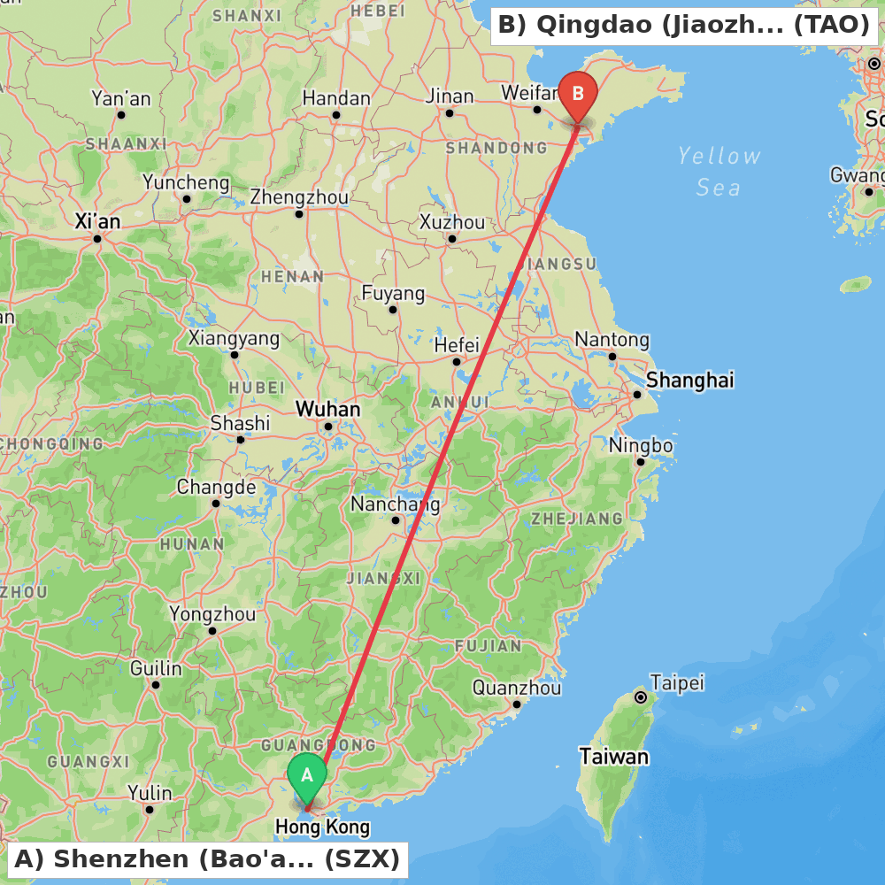 Flight route map from Shenzhen (Bao'an) to Qingdao (Jiaozhou)