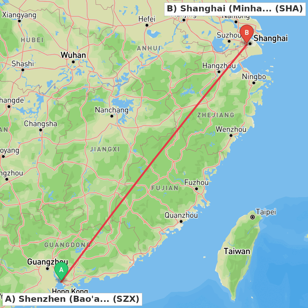 Flight route map from Shenzhen (Bao'an) to Shanghai (Minhang)