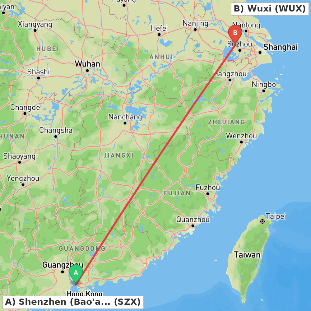 Flight route map from Shenzhen (Bao'an) to Wuxi