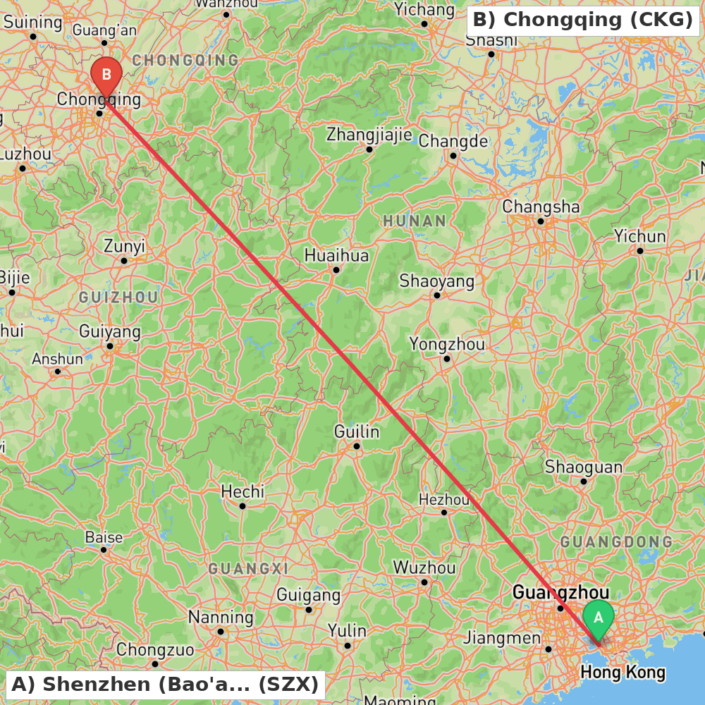 Flight route map from Shenzhen (Bao'an) to Chongqing