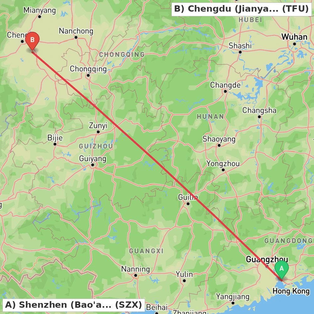 Flight route map from Shenzhen (Bao'an) to Chengdu (Jianyang)
