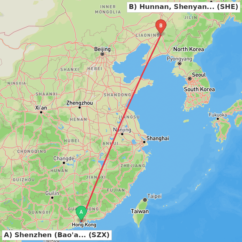 Flight route map from Shenzhen (Bao'an) to Hunnan, Shenyang