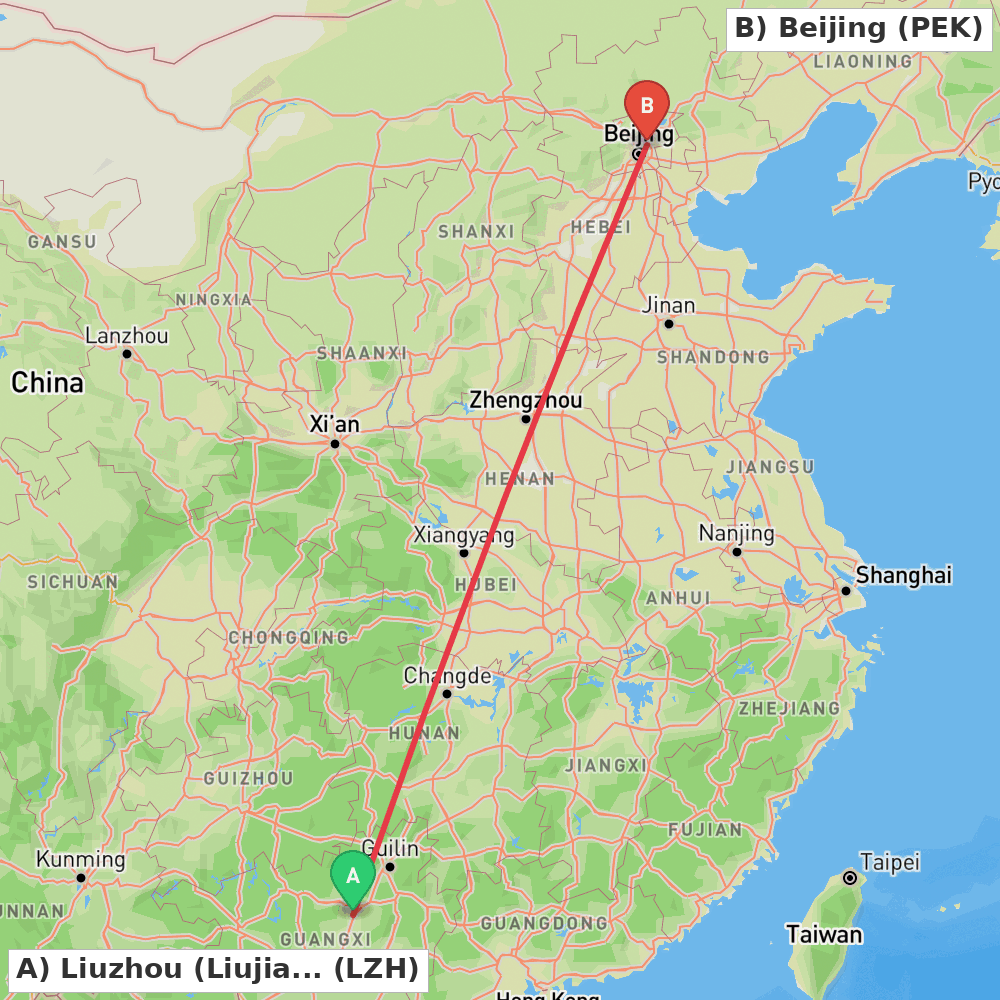 Flight route map from Liuzhou (Liujiang) to Beijing