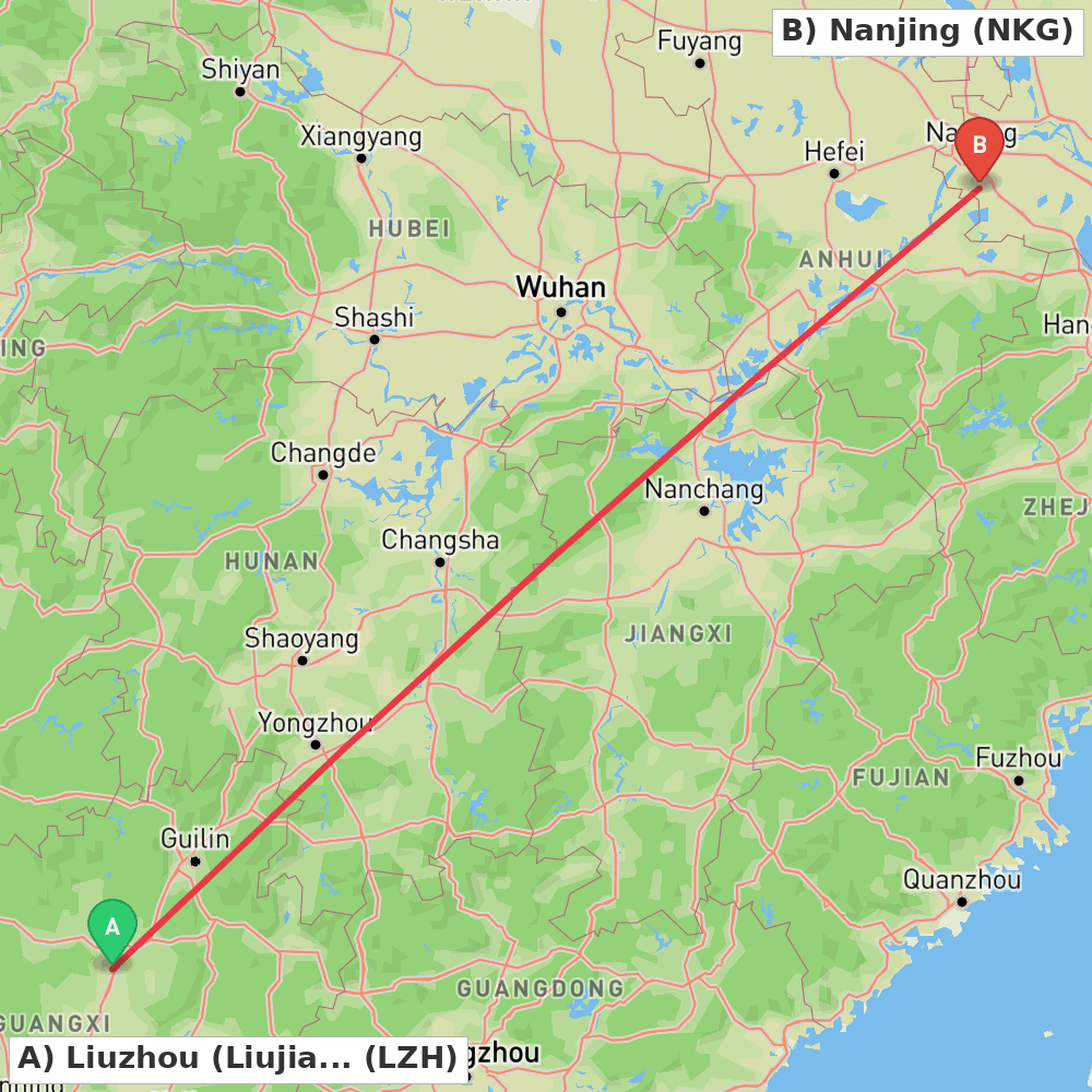 Flight route map from Liuzhou (Liujiang) to Nanjing