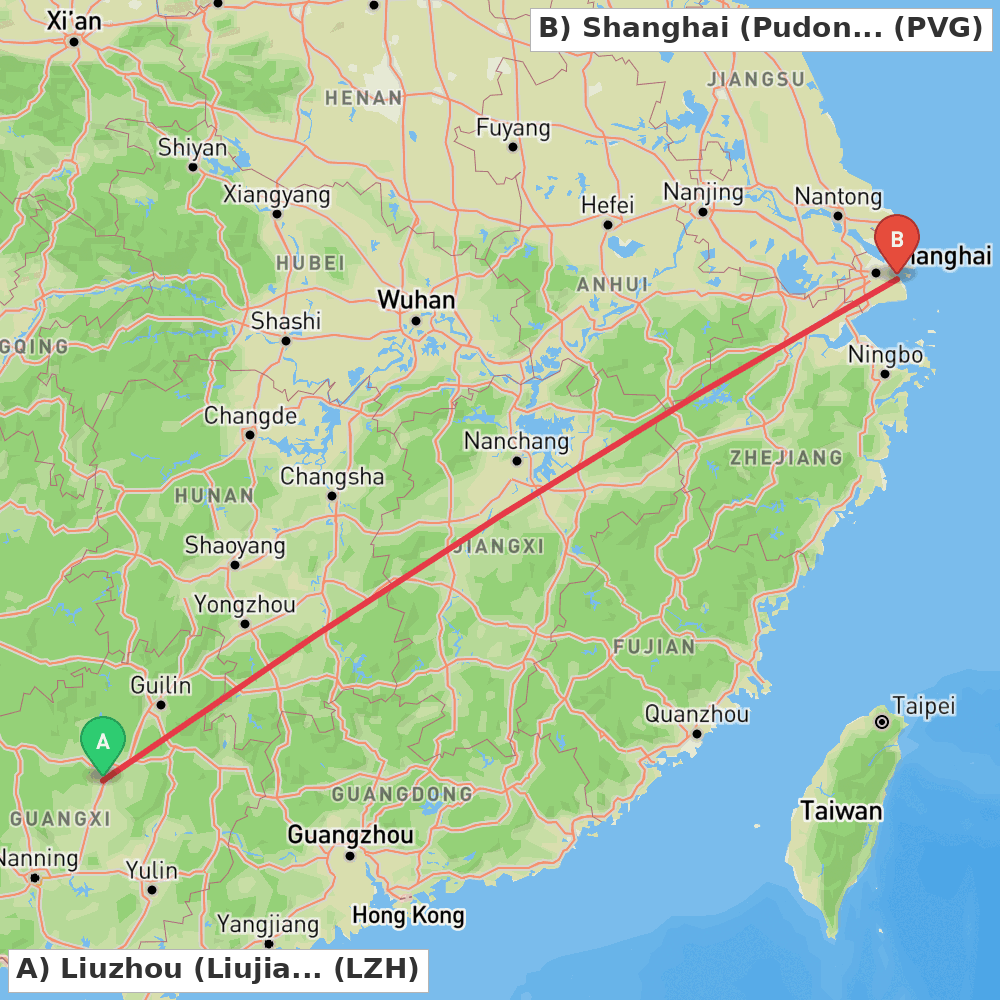 Flight route map from Liuzhou (Liujiang) to Shanghai (Pudong)