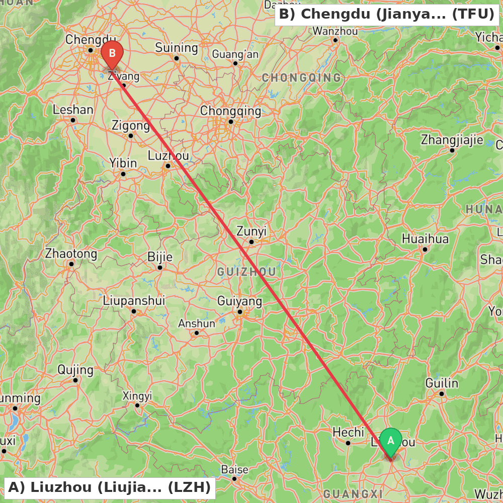 Flight route map from Liuzhou (Liujiang) to Chengdu (Jianyang)