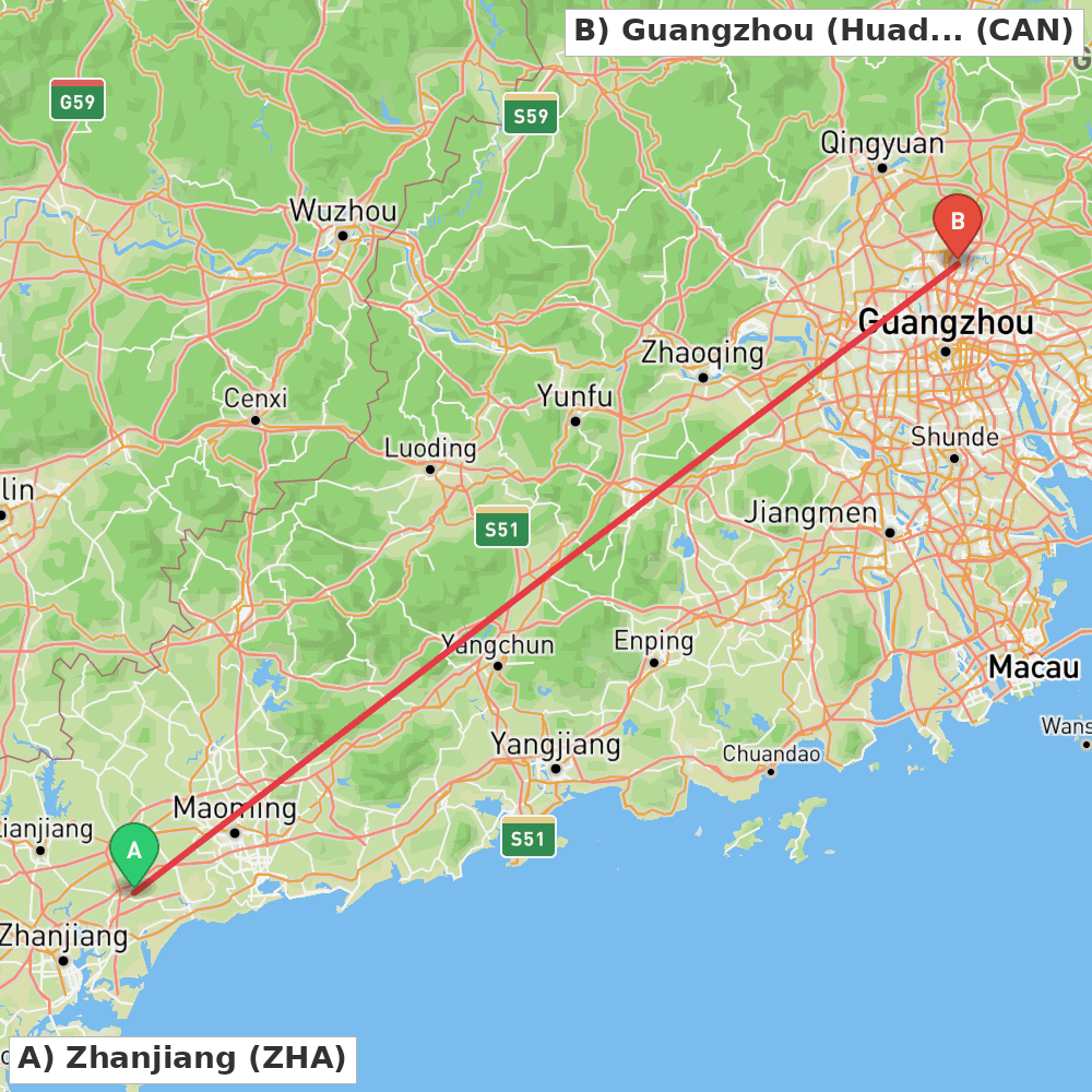 Flight route map from Zhanjiang to Guangzhou (Huadu)