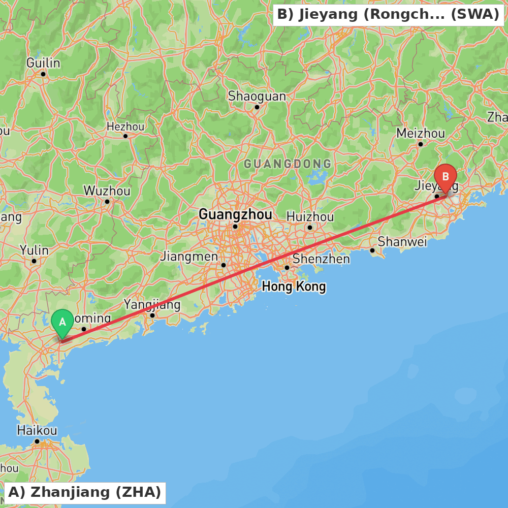 Flight route map from Zhanjiang to Jieyang (Rongcheng)