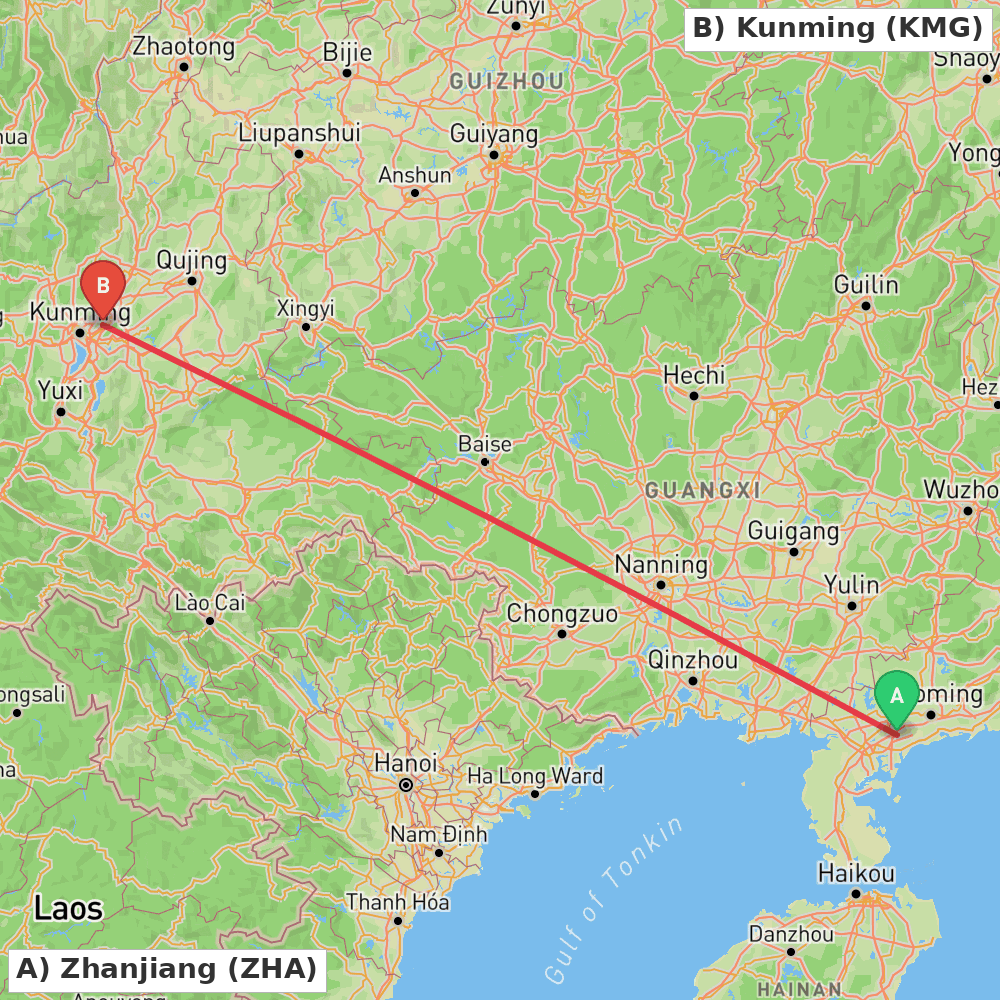 Flight route map from Zhanjiang to Kunming