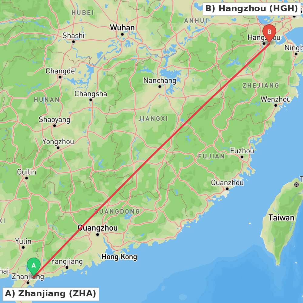 Flight route map from Zhanjiang to Hangzhou