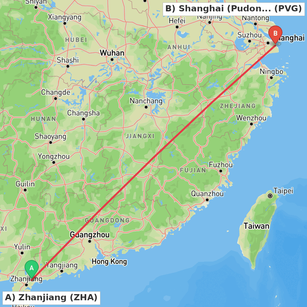 Flight route map from Zhanjiang to Shanghai (Pudong)