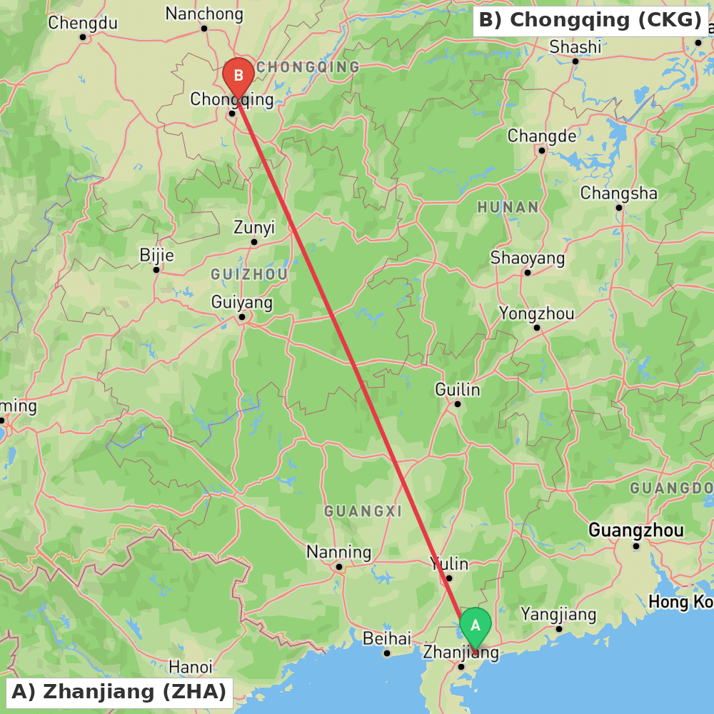 Flight route map from Zhanjiang to Chongqing
