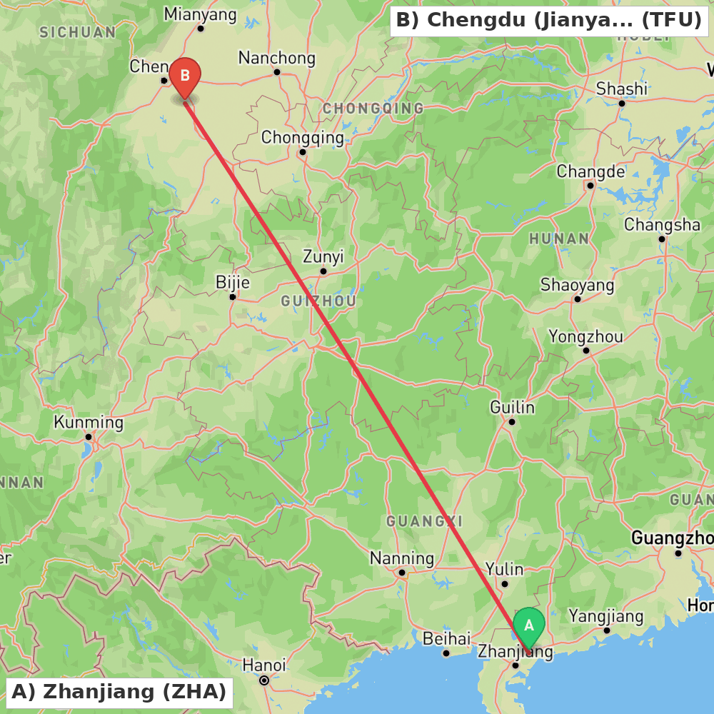 Flight route map from Zhanjiang to Chengdu (Jianyang)