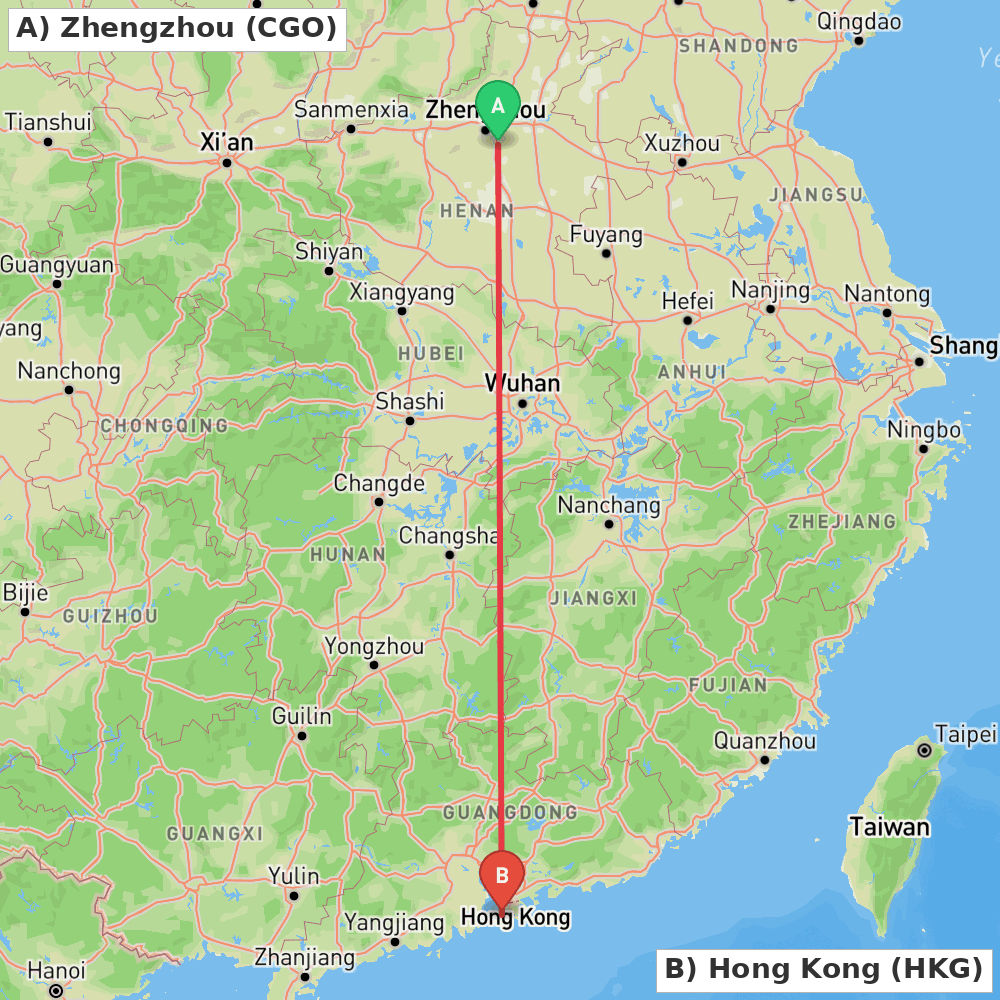 Flight route map from Zhengzhou to Hong Kong