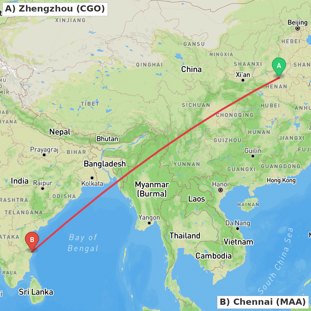 Flight route map from Zhengzhou to Chennai