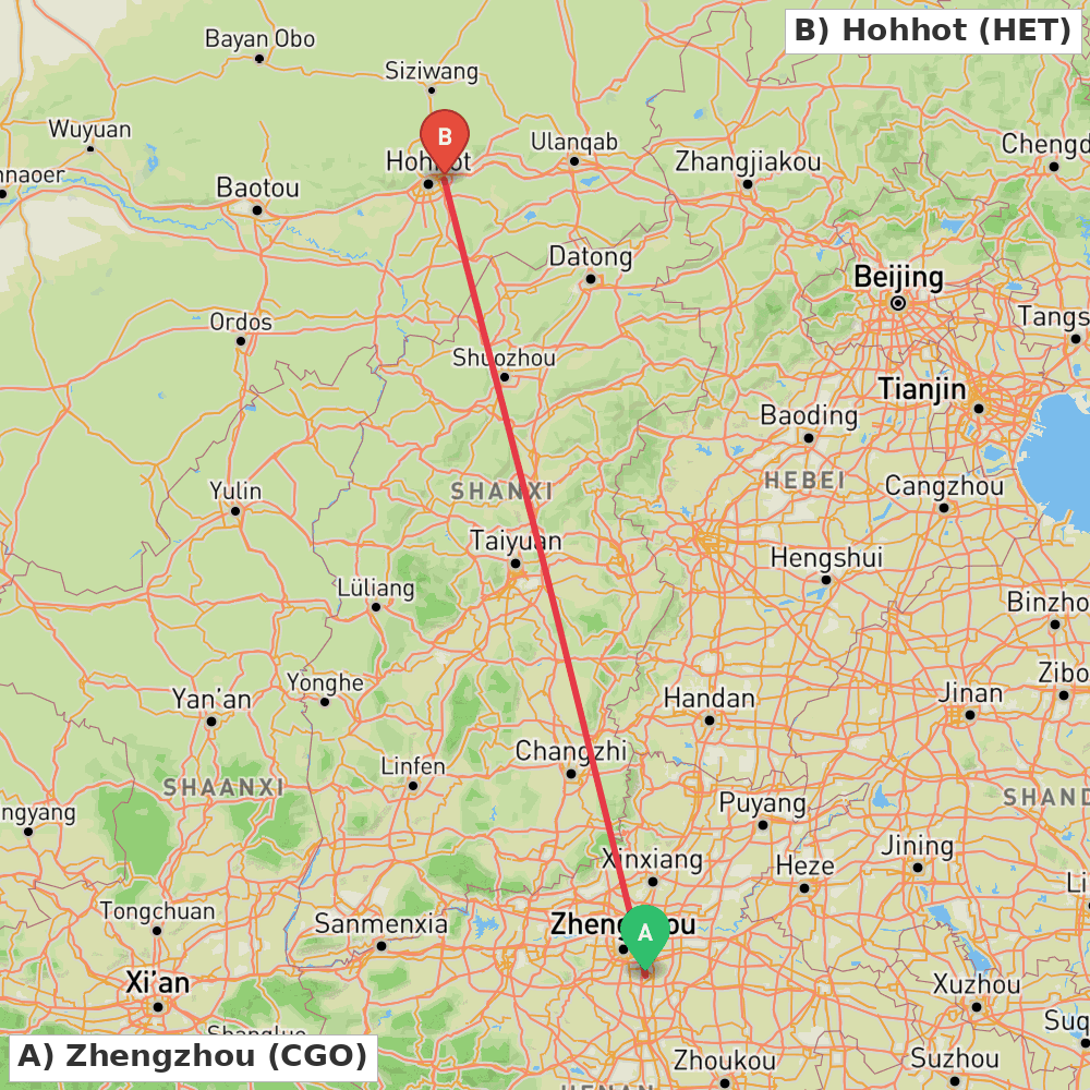 Flight route map from Zhengzhou to Hohhot