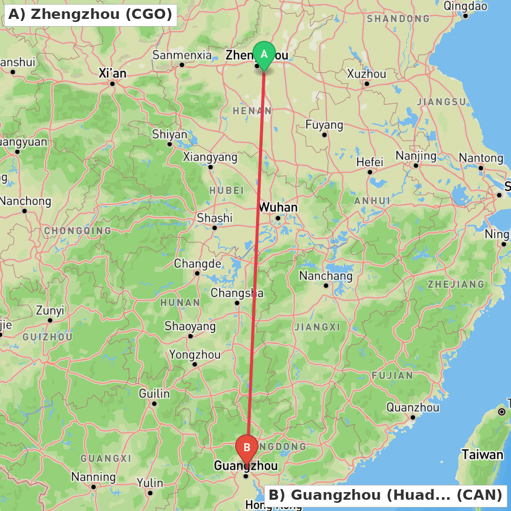 Flight route map from Zhengzhou to Guangzhou (Huadu)