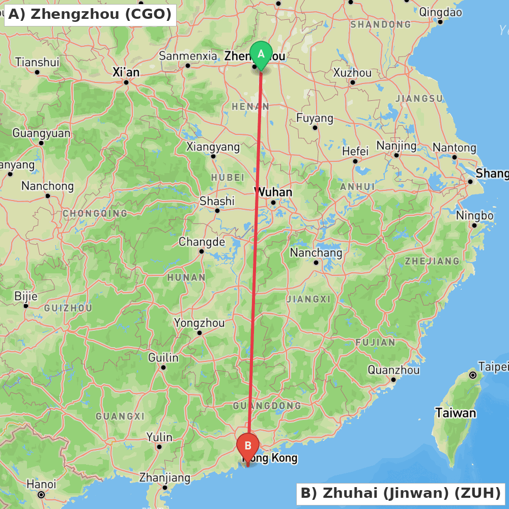 Flight route map from Zhengzhou to Zhuhai (Jinwan)