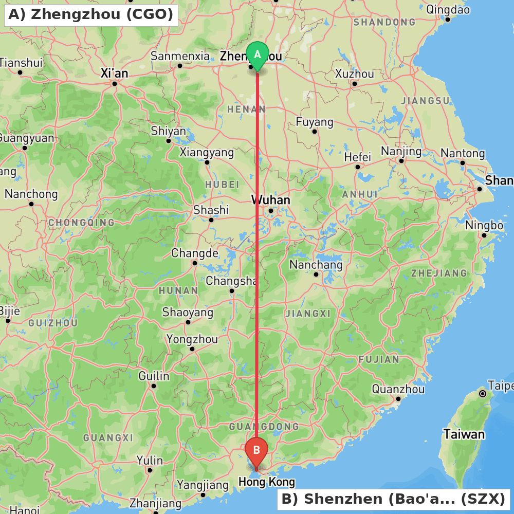 Flight route map from Zhengzhou to Shenzhen (Bao'an)
