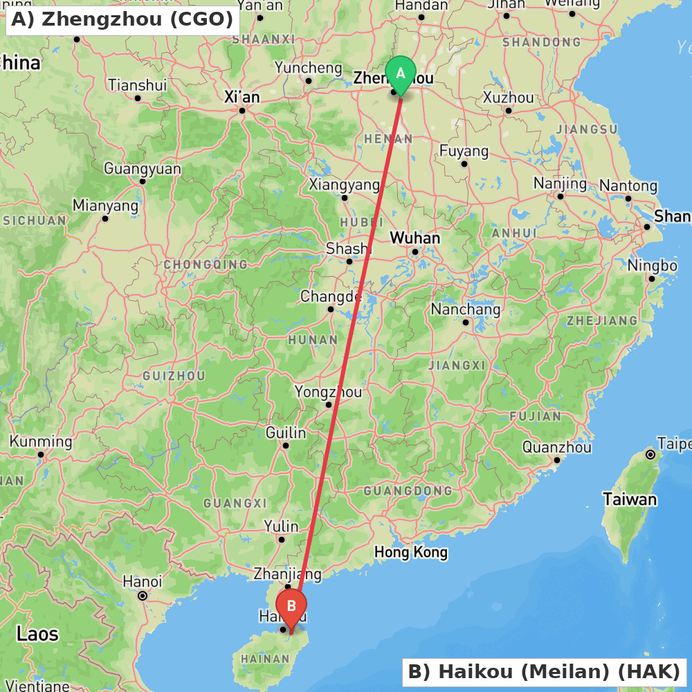 Flight route map from Zhengzhou to Haikou (Meilan)