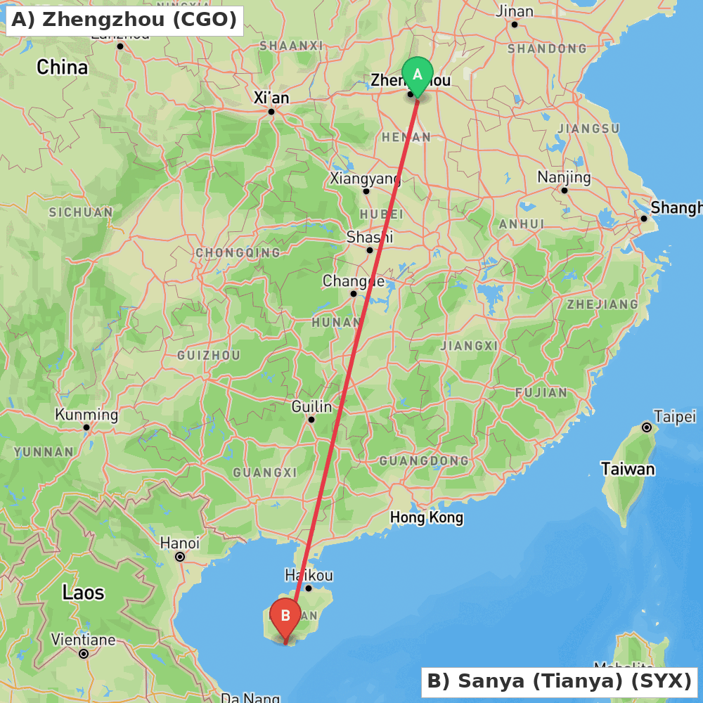 Flight route map from Zhengzhou to Sanya (Tianya)
