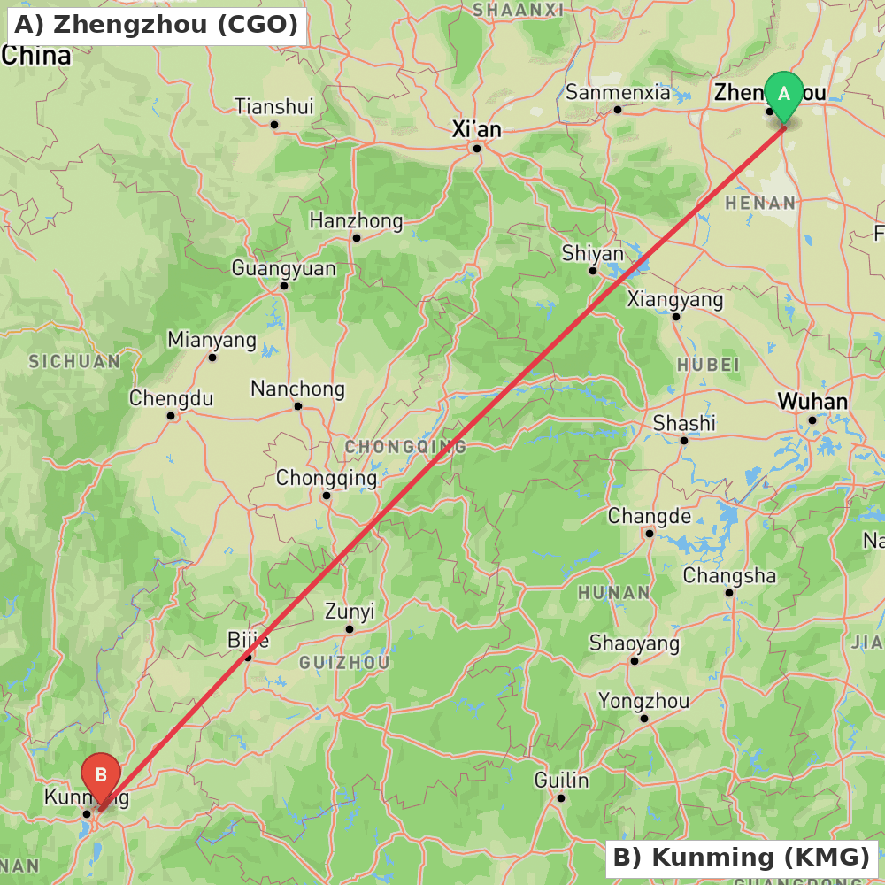 Flight route map from Zhengzhou to Kunming