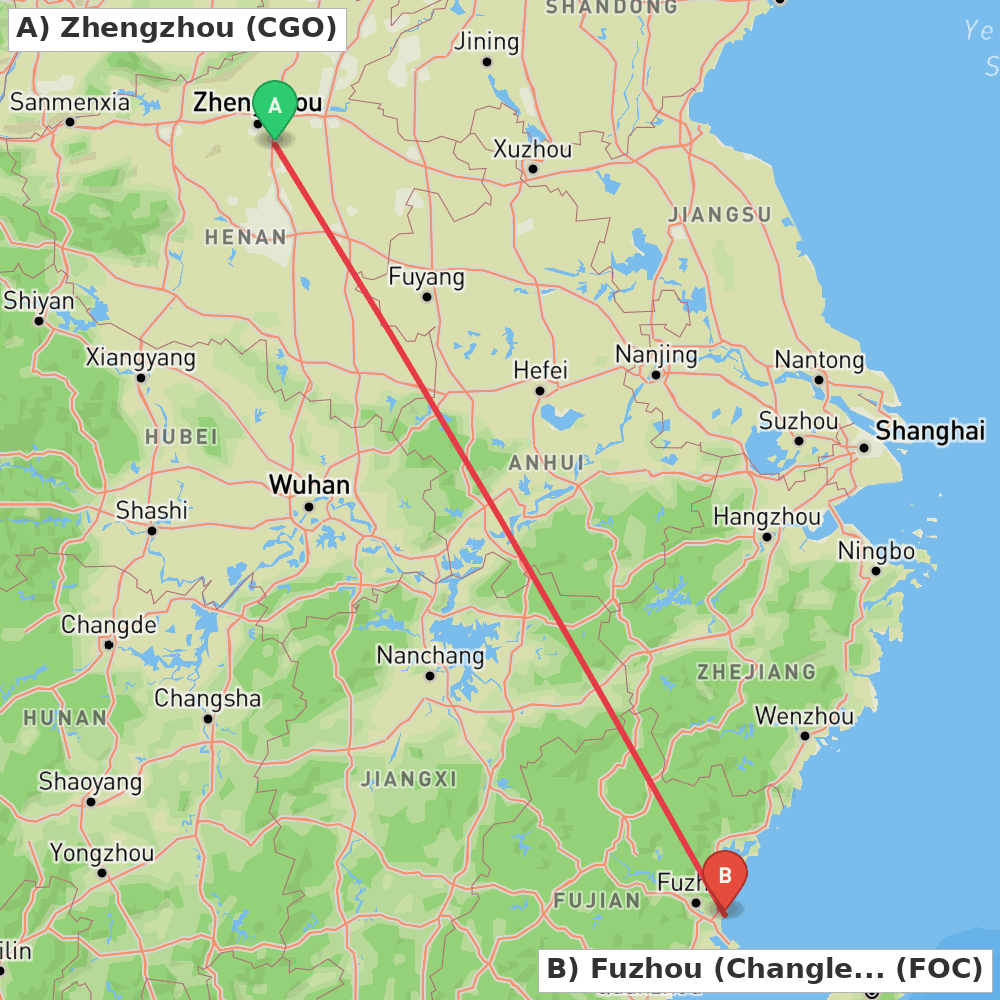 Flight route map from Zhengzhou to Fuzhou (Changle)