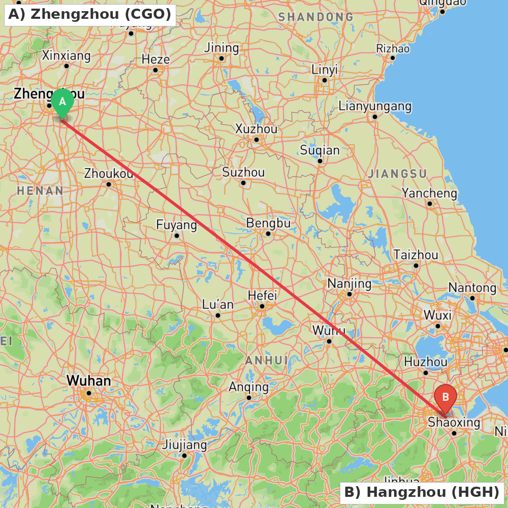 Flight route map from Zhengzhou to Hangzhou