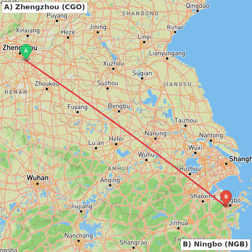 Flight route map from Zhengzhou to Ningbo