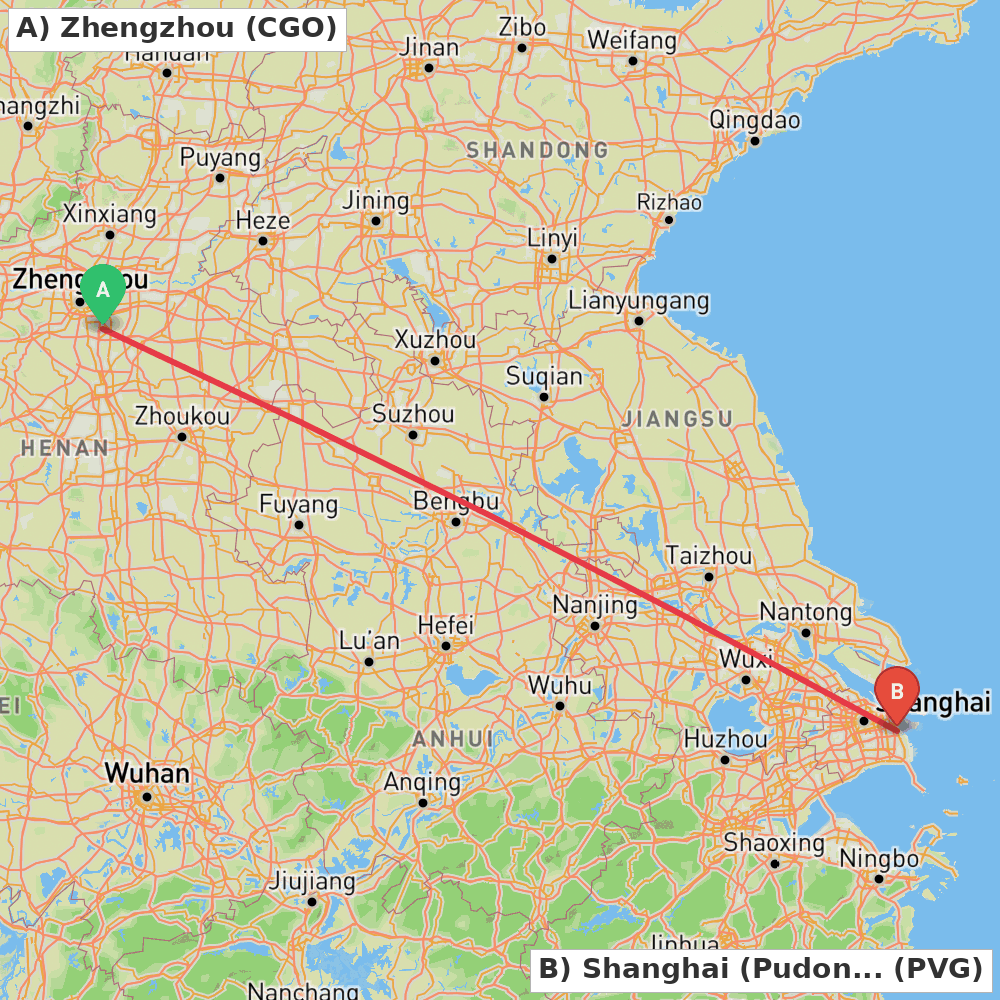 Flight route map from Zhengzhou to Shanghai (Pudong)