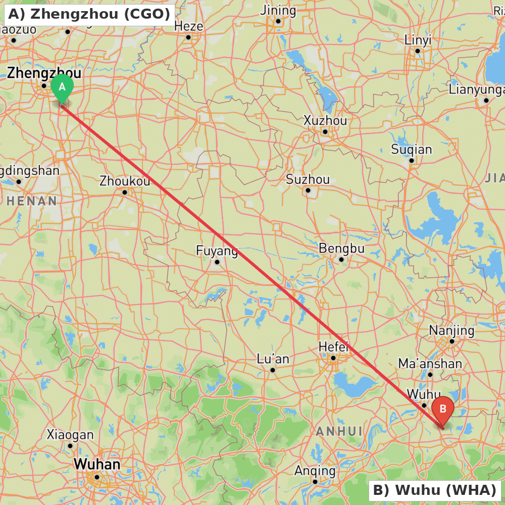 Flight route map from Zhengzhou to Wuhu