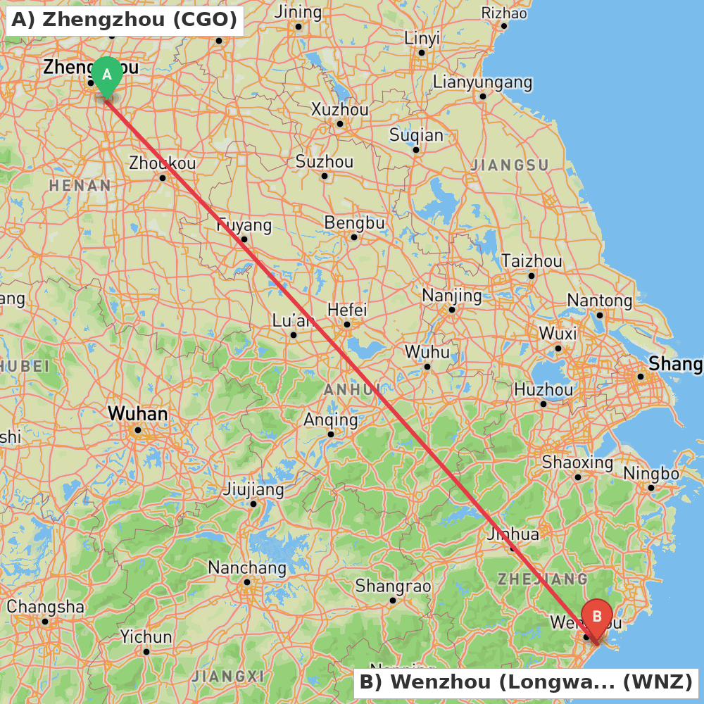 Flight route map from Zhengzhou to Wenzhou (Longwan)