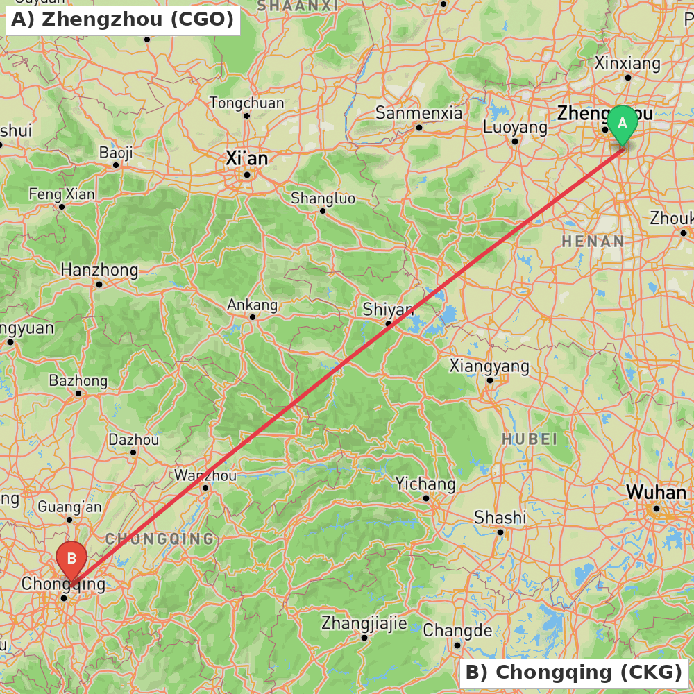 Flight route map from Zhengzhou to Chongqing