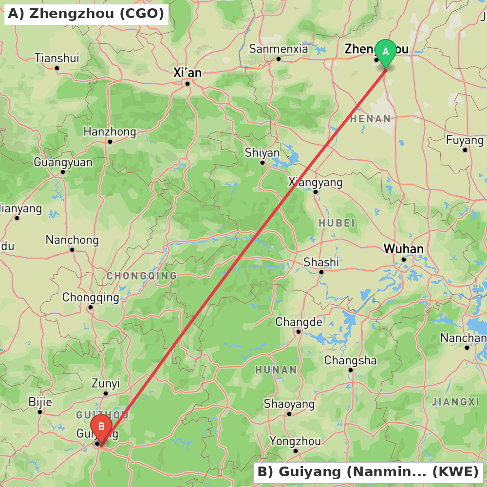 Flight route map from Zhengzhou to Guiyang (Nanming)