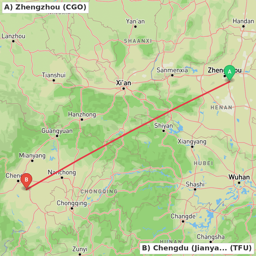 Flight route map from Zhengzhou to Chengdu (Jianyang)