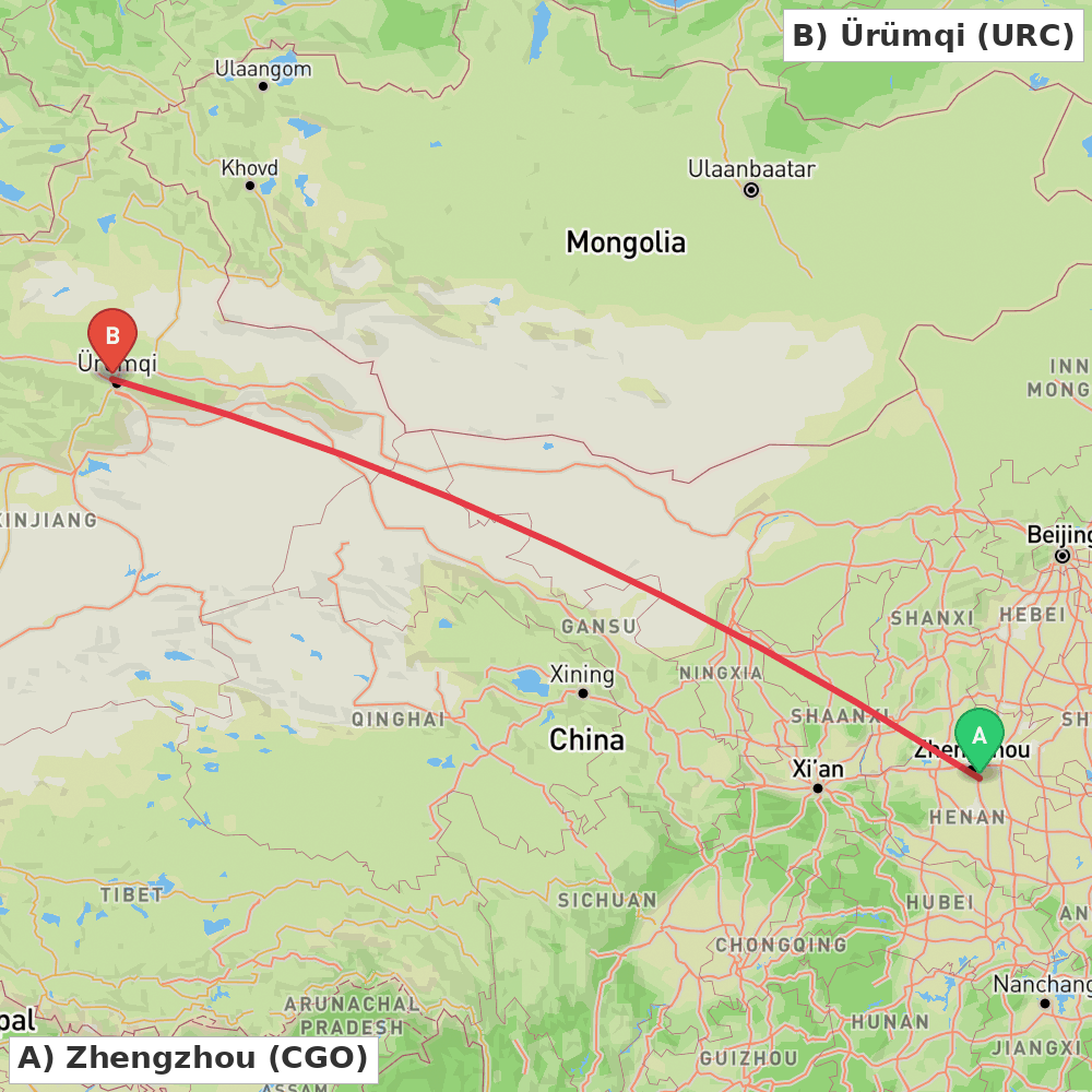 Flight route map from Zhengzhou to Ürümqi