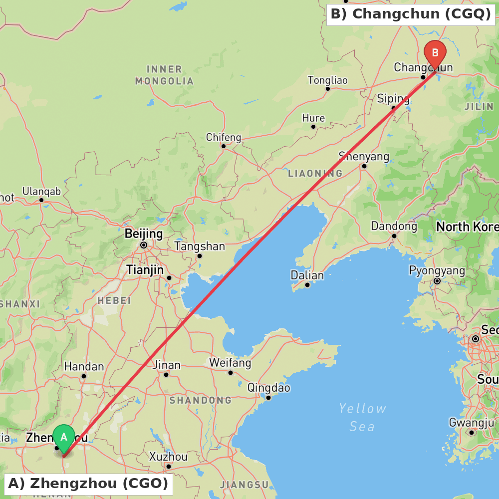 Flight route map from Zhengzhou to Changchun