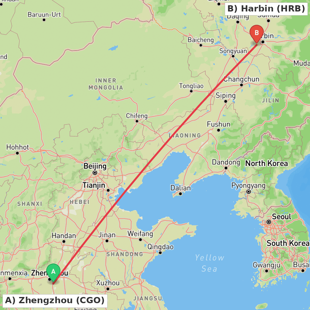 Flight route map from Zhengzhou to Harbin