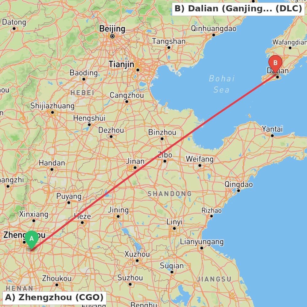 Flight route map from Zhengzhou to Dalian (Ganjingzi)