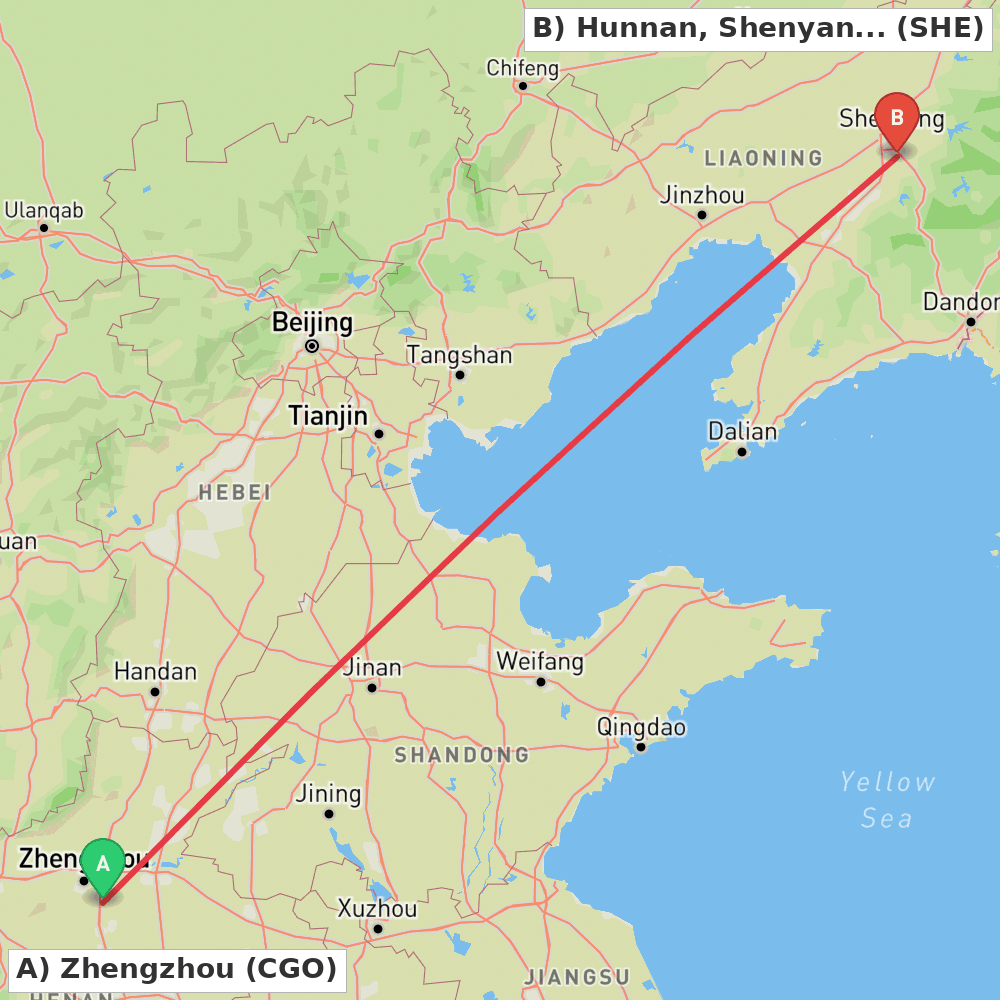 Flight route map from Zhengzhou to Hunnan, Shenyang