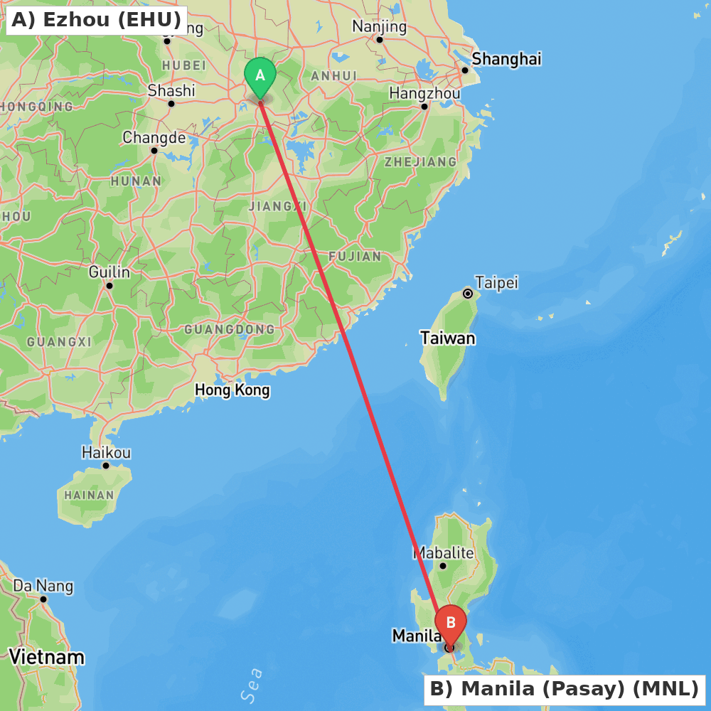 Flight route map from Ezhou to Manila (Pasay)